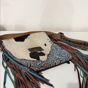 Myra Bag Brown & Turquoise Fringe Cowhide Flap conceal carry crossbody